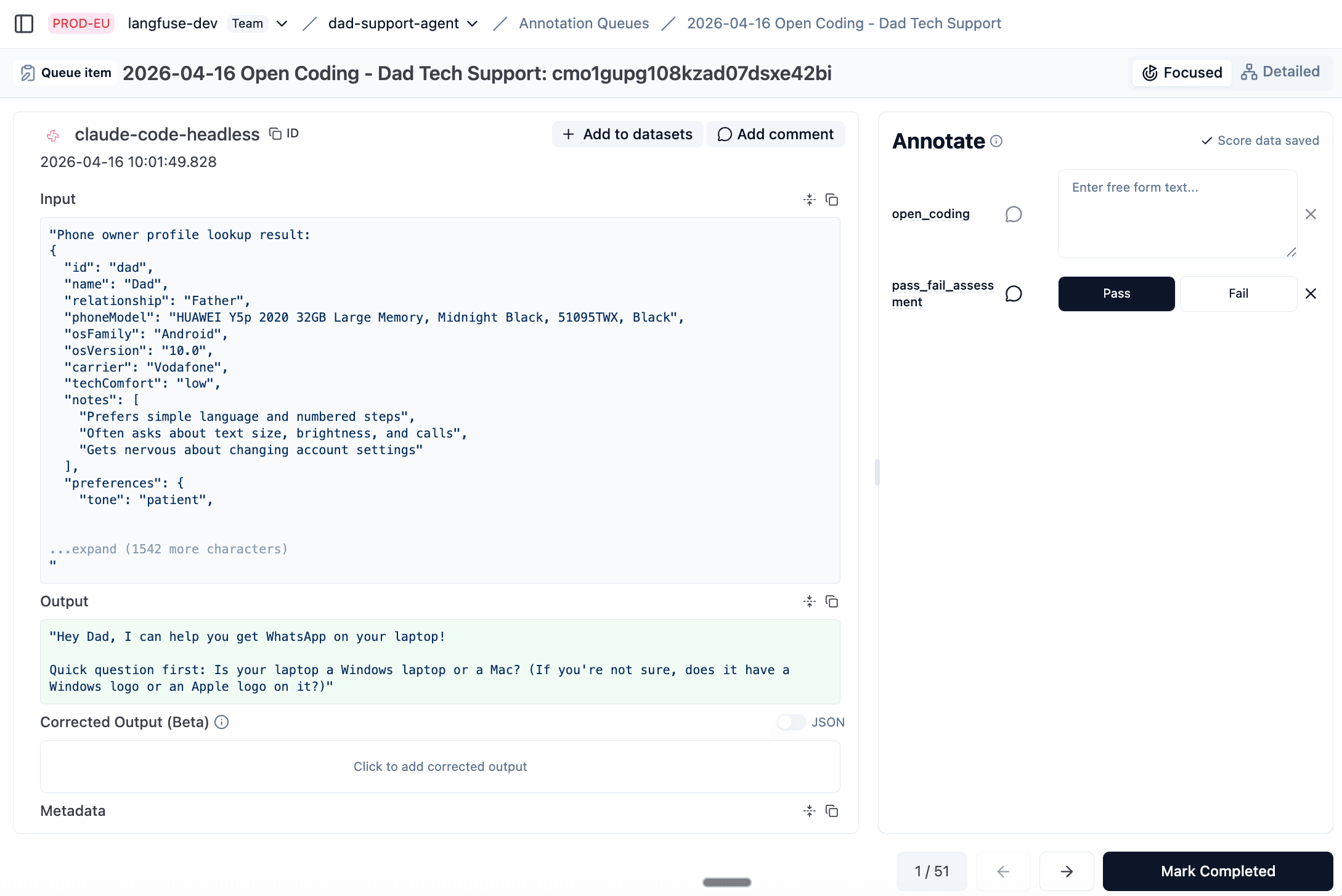 Annotation queue UI with open coding fields